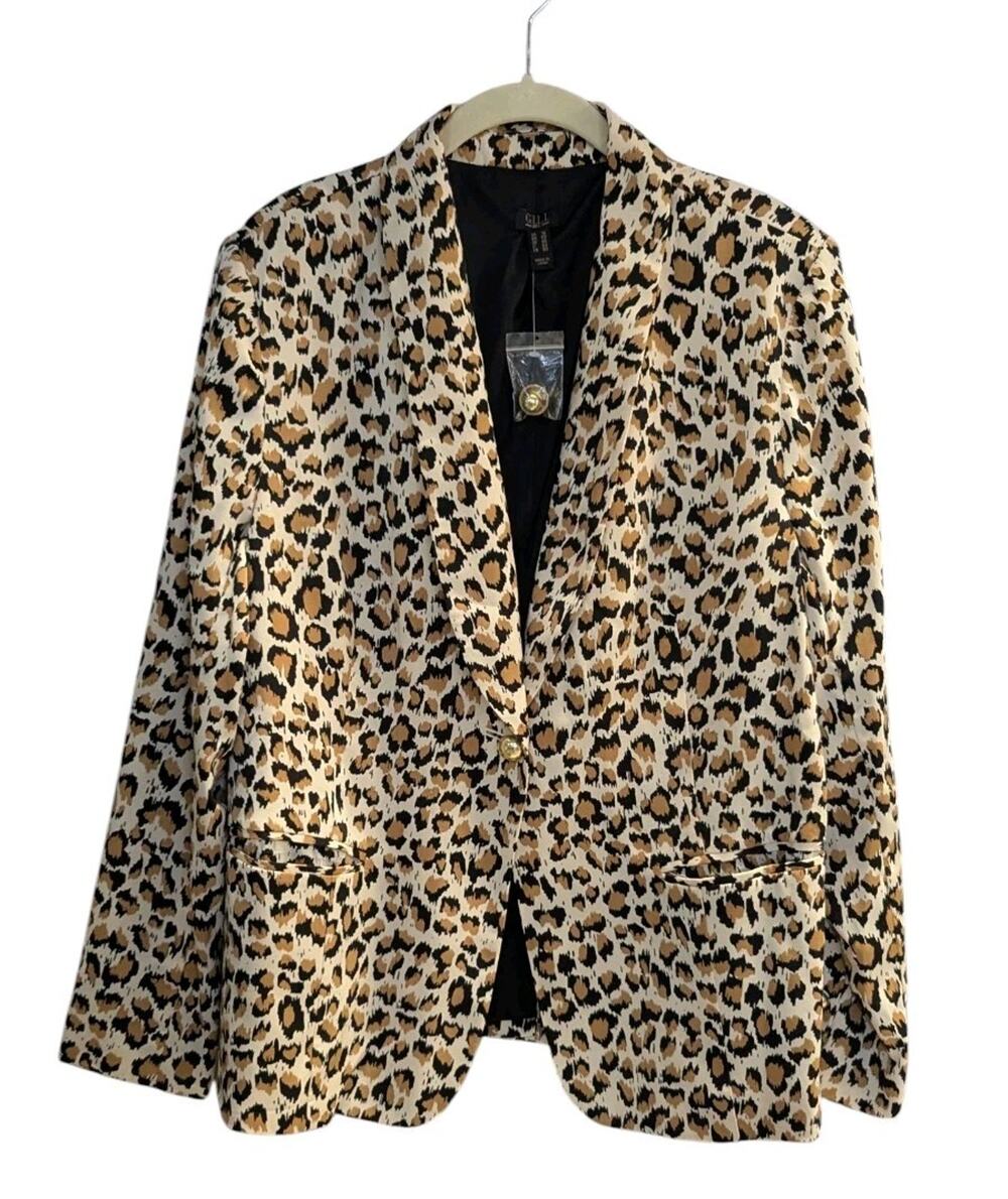 G.I.L.I. Silky Plus Leopard Print Blazer Jacket Career Women's Size 16 O